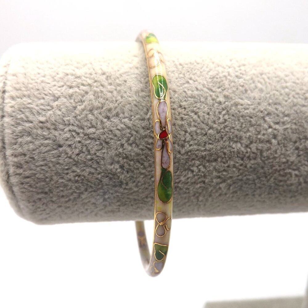 Vintage Floral Enamel Cloisonne Thin Bangle Bracelet, 7 3/4 Inches, 1960s